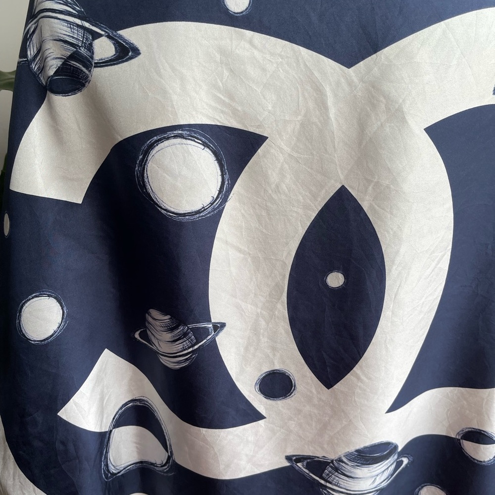 CHANEL CC Planet Navy Blue And Cream Silk Scarf. - Picture 8 of 9